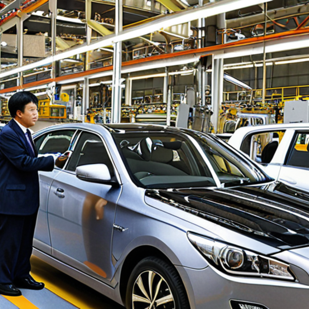 **Modern industrial collaboration between South Korea and South Africa.** A state-of-the-art factory interior with advanced Korean automotive or electronics machinery. Korean and South African engineers and technicians are working side-by-side, demonstrating technology transfer and job creation. The atmosphere is dynamic and forward-looking, highlighting economic partnership and innovation. Realistic, high-detail.