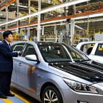 **Modern industrial collaboration between South Korea and South Africa.** A state-of-the-art factory interior with advanced Korean automotive or electronics machinery. Korean and South African engineers and technicians are working side-by-side, demonstrating technology transfer and job creation. The atmosphere is dynamic and forward-looking, highlighting economic partnership and innovation. Realistic, high-detail.