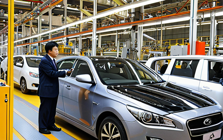 **Modern industrial collaboration between South Korea and South Africa.** A state-of-the-art factory interior with advanced Korean automotive or electronics machinery. Korean and South African engineers and technicians are working side-by-side, demonstrating technology transfer and job creation. The atmosphere is dynamic and forward-looking, highlighting economic partnership and innovation. Realistic, high-detail.