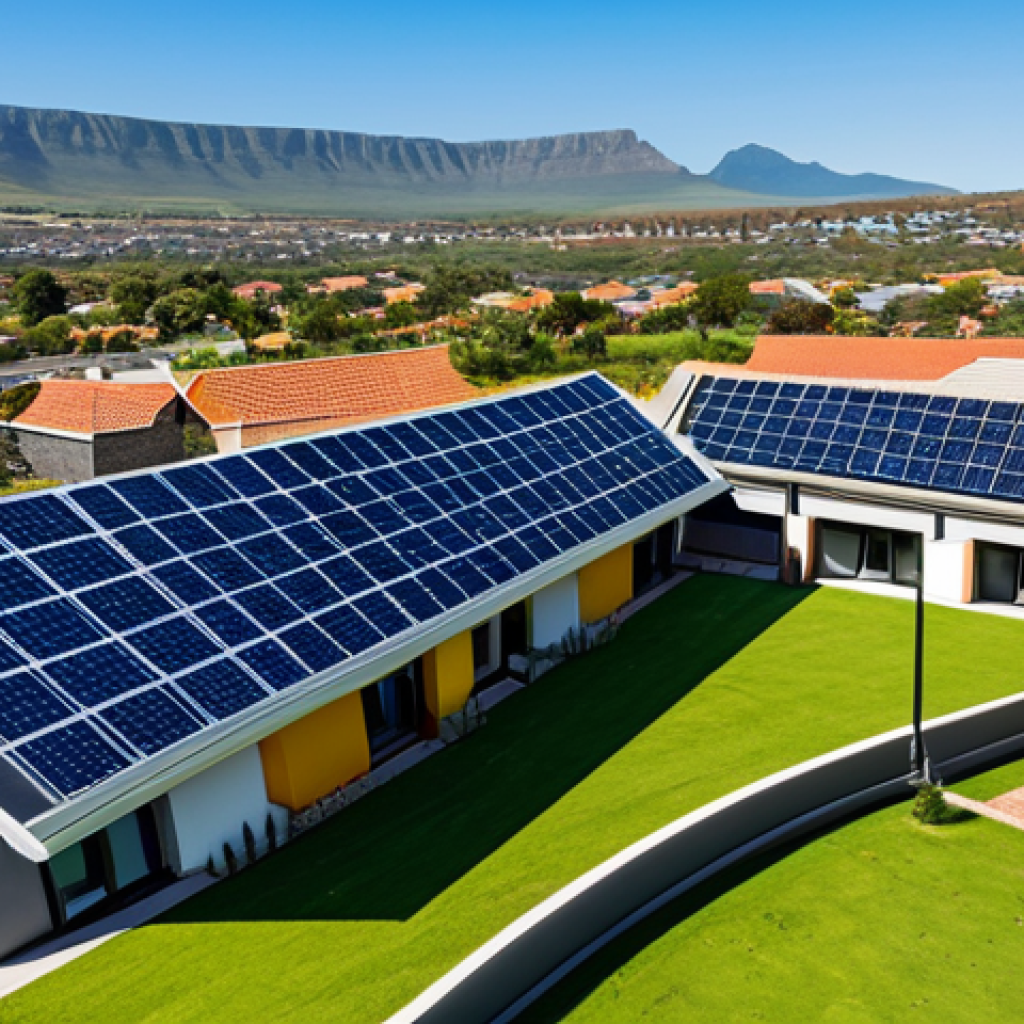A serene aerial view of a meticulously designed, modern gated community in South Africa, showcasing secure perimeter walls and a grand entrance gate. Visible on several rooftops are advanced solar panels and a discreetly integrated backup power solution, indicating energy independence. The architecture is contemporary, blending seamlessly with the natural, sunlit landscape, conveying a strong sense of safety, sustainability, and technological integration. professional photography, high quality, perfect anatomy, correct proportions, natural body proportions, well-formed hands, fully clothed, modest clothing, appropriate attire, professional dress, safe for work, appropriate content, family-friendly.