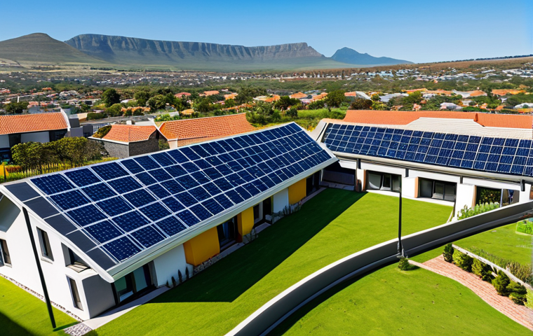 A serene aerial view of a meticulously designed, modern gated community in South Africa, showcasing secure perimeter walls and a grand entrance gate. Visible on several rooftops are advanced solar panels and a discreetly integrated backup power solution, indicating energy independence. The architecture is contemporary, blending seamlessly with the natural, sunlit landscape, conveying a strong sense of safety, sustainability, and technological integration. professional photography, high quality, perfect anatomy, correct proportions, natural body proportions, well-formed hands, fully clothed, modest clothing, appropriate attire, professional dress, safe for work, appropriate content, family-friendly.