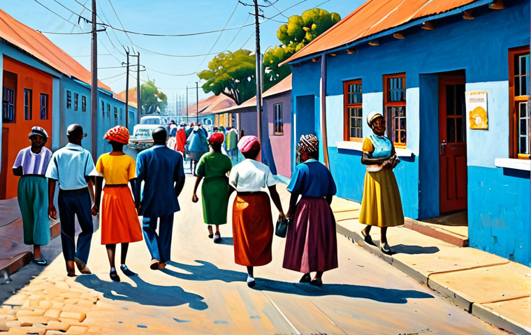 **
"A vibrant oil painting in the style of Gerard Sekoto depicting a bustling street scene in Sophiatown, South Africa, in the 1950s. People are walking, talking, and going about their daily lives, dressed in colorful, modest clothing. The architecture is characteristic of the period. Use bold colors and strong brushstrokes to convey the energy and vibrancy of the community. Fully clothed, appropriate attire, safe for work, perfect anatomy, natural proportions, professional painting, high quality, family-friendly."
**