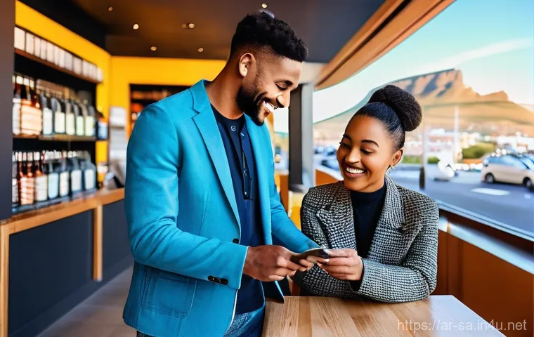 남아프리카 공화국 신용카드 사용 가능 여부 - **Vibrant City Transaction in Cape Town**
    **Prompt:** A young, diverse couple, casually dressed ...