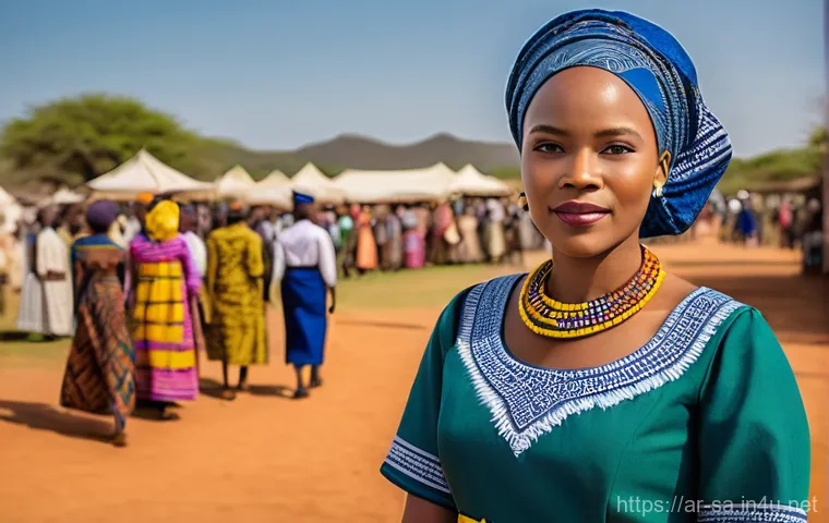 남아프리카 공화국 전통 의상 슈웨슈웨 - **Prompt:** A close-up, high-detail photograph of authentic Shweshwe fabric. The image focuses on th...