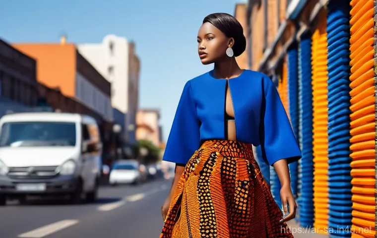 남아프리카 공화국 전통 의상 슈웨슈웨 - **Prompt:** An elegant South African woman in her 30s, dressed in a traditional yet stylish Shweshwe...