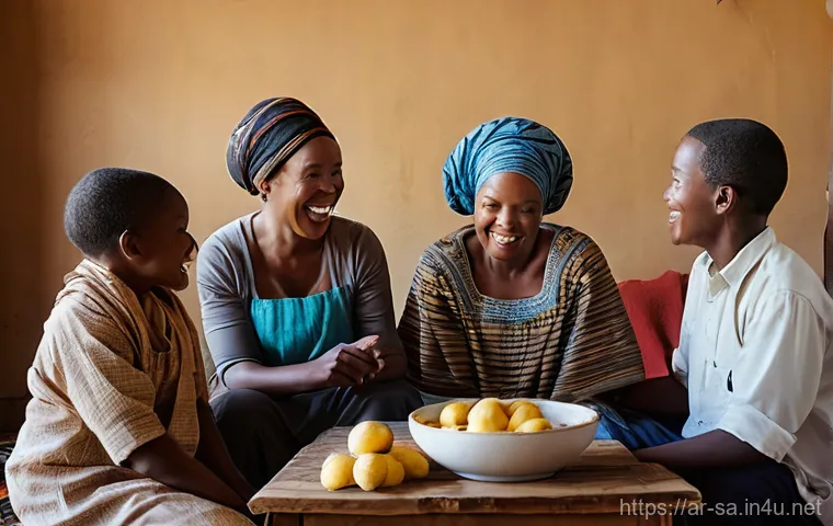 남아공 전통 맥주 움콰밤보티 - **Prompt:** A heartwarming scene inside a traditional South African home, bathed in soft, inviting l...